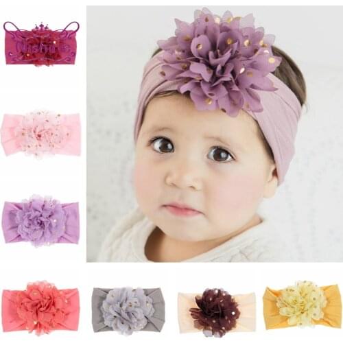 Nishine Soft Stretch Gold Dot Chiffon Flower Baby Headband Newborn Knot Wide Nylon Headwraps Girls Headwear Kids Photo Props