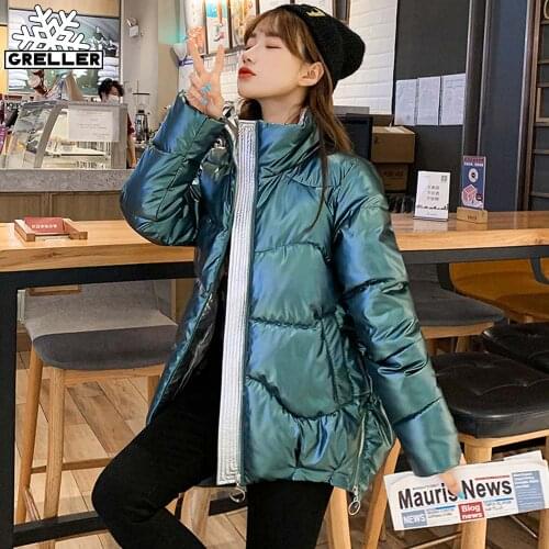 GRELLER 2021 Autumn Womens Winter Coats Fashion Glossy Stand Collar Short Parkas Winter Jacket Women Shinny Padded Cotton Coat
