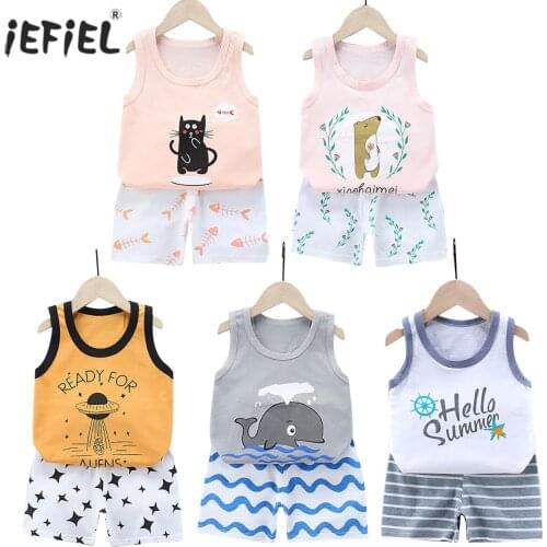 Baby Boy Girls Summer Clothes Set Fashion Cartoon Print Sleeveless Vest Top with Shorts Set Girls Boys Clothes Kids Sportswear