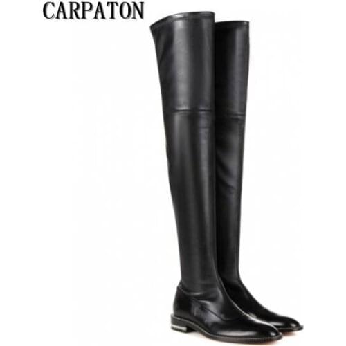 Winter hot selling sexy long boots black stretch leather flat boots woman over the knee flat boots chains decorations boots