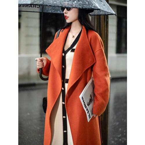 2021 new orange high-end lace double-sided cashmere coat womens autumn and winter mid-length