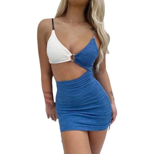 New Sexy Cut Out Spaghetti Strap Backless Contrast Color Mini Bodycon Short Dress Sundress for Night Club Beach Wear