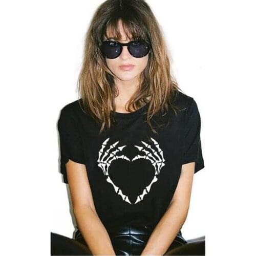 New Arrive Hipster Cotton Tee Cool Bone Skull Hand Lover Printed T-Shirt Skull Heart Tops Girl Gift Aesthetic t shirt Outfits