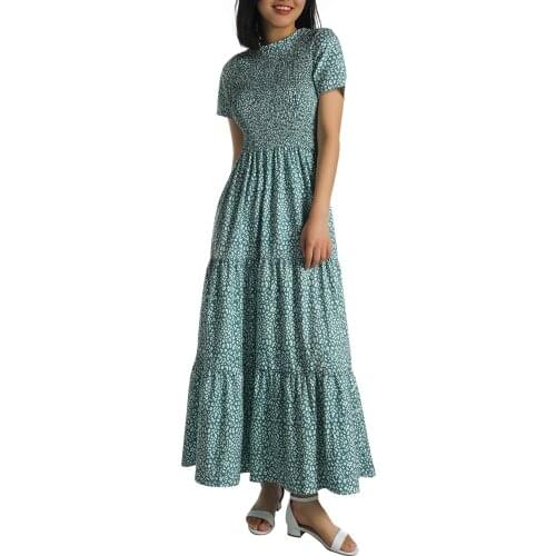 Puloru Summer Boho Floral Print Maxi Ruffles Dress Casual Womens Round Neck Short Sleeve Beach Dress Vacation Party Clothes