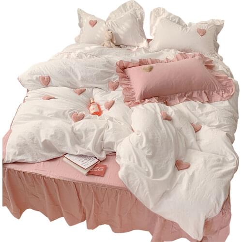 All Cotton Washed Cotton Four-Piece Three-Dimensional Love Embroidered Quilt Princess Style Bare Sleeping Pure Cotton Bedding