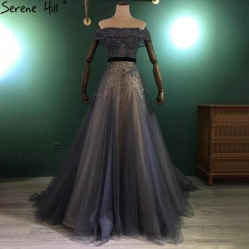 Serene Hill Luxury Blue A-Line Evening Dresses Gowns 2021 Beaded Bling Off Shoulder For Women Party LA71192