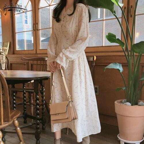 2021 New Fashion Autumn Printed Floral Elastic Waist Dresses Elegant Long Sleeve V-Neck Noble Female Chiffon Women Dress 10255
