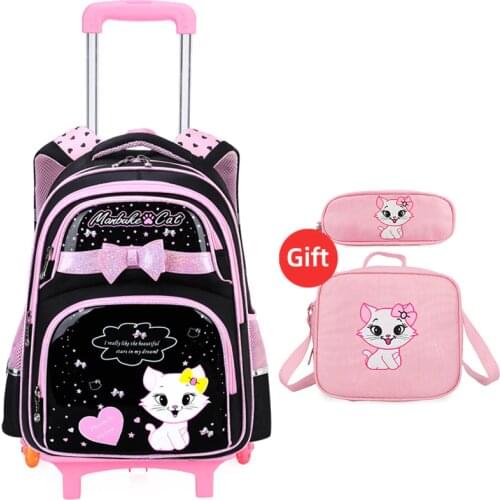 Children Trolley School Bags For Girl Teenage School Backpack Kids Cartoon Ketty Cat Wheeled Bag Travel Luggage Trolley Backpack