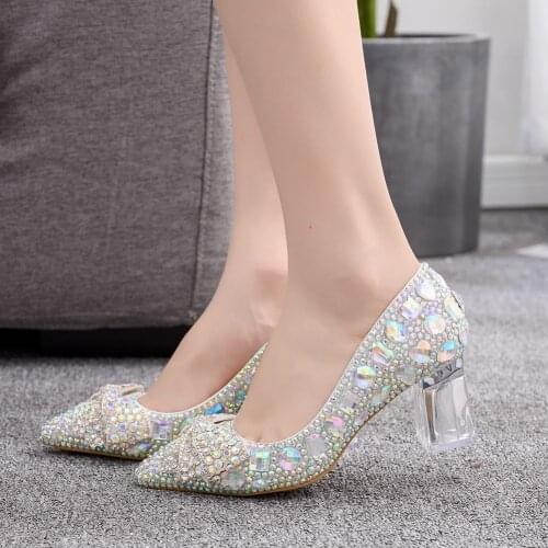 Women Pumps Shoes Spring Summer Female Fashion Comfortable Rhinestone bow pointed toe wedding shoes with chunky heel sandals