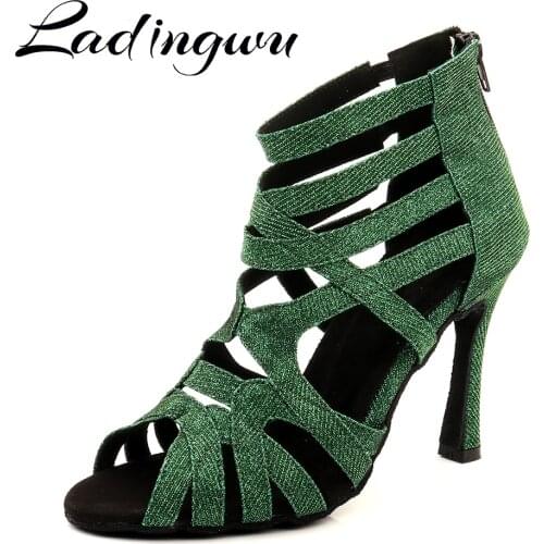 Ladingwu Latin Dance Shoes For Women Ladies Girls 3 Colors Tango Ballroom Dancing Shoes Heeled 6-10cm Salsa Dance Boots