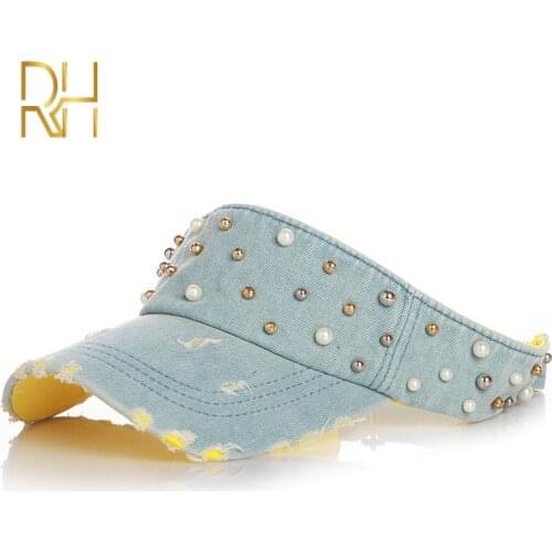 Handmade Pearl Denim Empty Top Visor Sun Hats For Girls Women Baseball Cap Snapback Beach Caps Quick-Drying Hat Ajustable RH