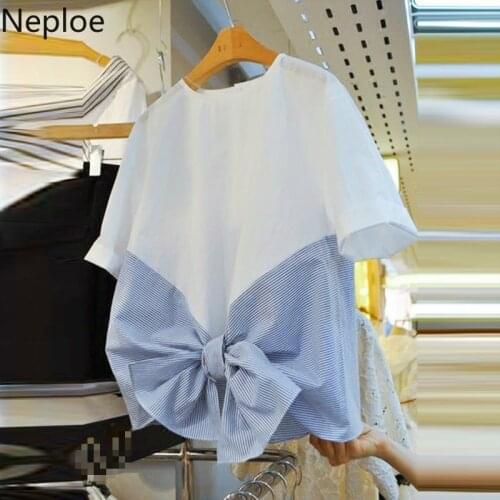 Neploe Striped Patchwork T Shirts Women Spring 2021 Korean Fashion Bow O Neck Short Sleeve Ladies Tees Casual Female Tops 1A596