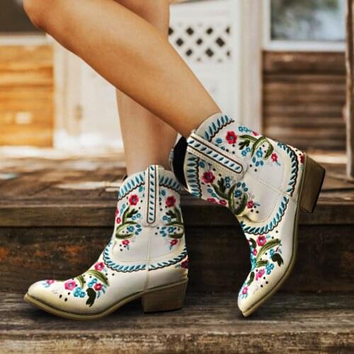 Womens Retro Shoes Floral Embroidered Style Pointed Toe Western Cowboy Mid Calf Boots Vintage Comfy Casual Boots Free Shipping