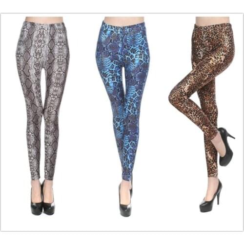 Women Mid Rise Sexy Leggings Metallic Leopard Snakeskin Digital Printed Slim Ankle-Length Fitness Sport Casual Pants