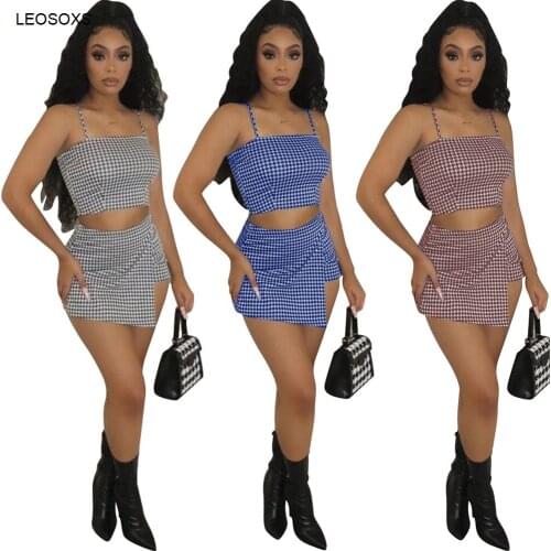 Womens Summer 2021 New Thousand Lattice Suspender Tube Top Sexy Fashion Trouser Skirt Three Color Two Piece Set