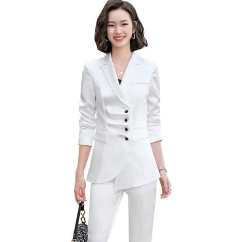 Fashion Pleated Blazer Jacket and Trouser Pant Suit Women Office Ladies White Blue Black Female Formal Two Piece Set for Summer