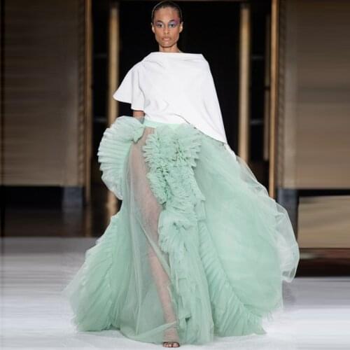2021 Chick Mint Green See Thru Women Tulle Skirt Ruffles A-line Long Party Tulle Skirt Maxi Skirt Summer