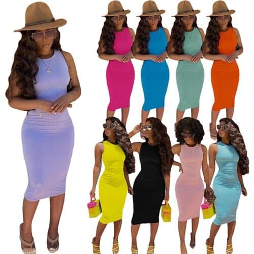 2021 Summer Fashion Women Solid Dress Sleeveless Casual Knee Length Fitness Package Hip Dress Sexy Nightclub Streetwear Plus 3XL