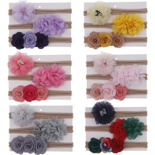 Yundfly 3PCS Chiffon Flower Baby Girls Headband Set Cute Rose Flower Kids Newborn Nylon Hair Bands Headwear Photography Props