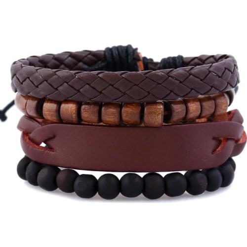 4pc Vintage Fashion Leather Bracelets Set Beads Charm Braid Rope Chain Adjustable Weave Wristbands Bangle Handmade Retro Jewelry