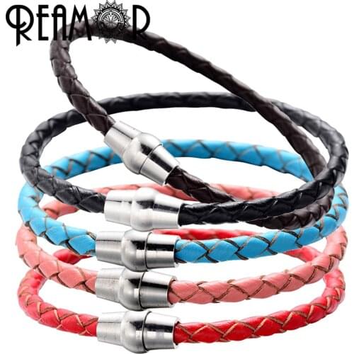 REAMOR 4mm Genuine Braided Leather Bracelets String Beads DIY Women Men Bracelet Jewelry Making 5 Color With Magnet Clasp