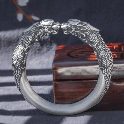 180g solid 999 sterling Silver Mens Heavy dragon head handmade cuff bracelet bangle jewelry A4965