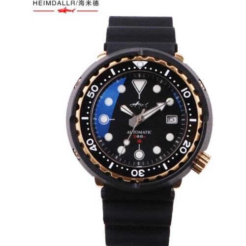 HEIMDALLR Tuna Dive Watch Mens Sapphire 47mm Black Dial Golden Plated NH35A Automatic Movement Mechanical Watch Luminous Clock