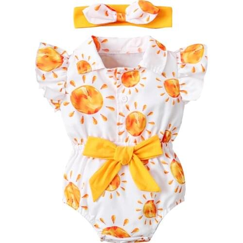 OPPERIAYA Kids Bodysuit with Headband Summer Sun Print Turn-Down Collar Fly Sleeve Baby Bodysuit Hairband Yellow 0-24 Months