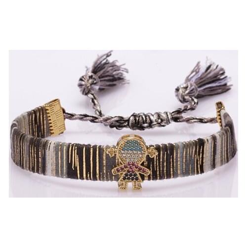 Ethnic boho mix cz paved little people sign cotton silk tassel band charm adjustable bracelet for woman