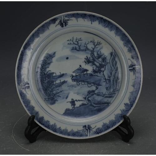 Qing Dynasty Guangxu Period Antique Handmade Blue and White Landscape Pattern Porcelain Plate