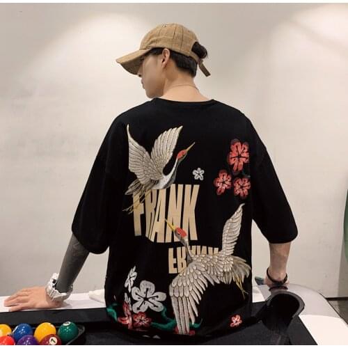 Men Japanese Streetwear Crane T Shirt 2020 Summer Mens Harajuku Black T Shirts Male White Korean Loose Tees Plus Size
