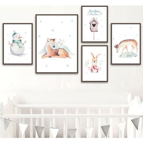 Cartoon Snowman Snowflake Rabbit Deer Wall Art Canvas Painting Nordic Posters And Prints Wall Pictures For Kids Christmas Decor
