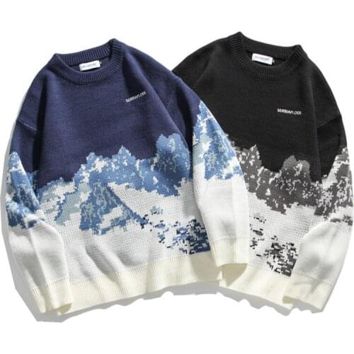 2021 Men Hip Hop Streetwear Knitted Sweater Embroidery Retro Vintage Snow Sweater Cotton Harajuku Casual Pullover Sweater Black