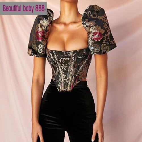 2020New summer Elegant Square Collar Jacquard Boned Bustier Crop Tops Shirt Puff Sleeve Sexy Backless Zipper Shirts Blouse Women