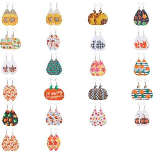 New! 2020 Pumpkin Printed Thanksgiving Turkey PU Leather Earrings Fashion Thanksgiving Day Teardrop Leaf Earrings Gifts
