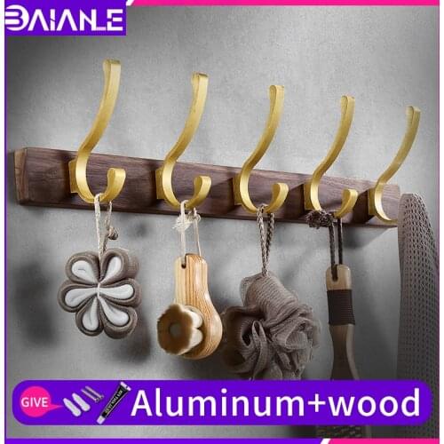 Walnut wood bathroom row hooks wall adhesive living room hallway umbrella hook modern waterproof wood home decor towel row hooks