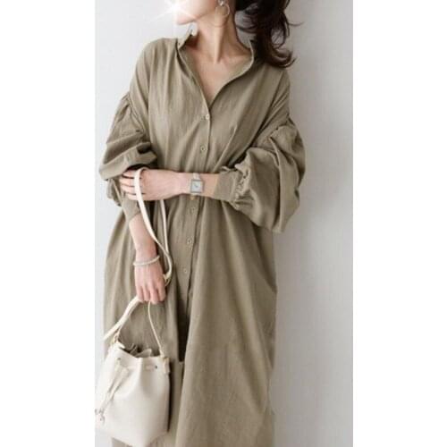 Cotton Linen Shirt Dress New Loose Korea 2021 Autumn Maxi Dresses for Women Mujer Vestido Feminino