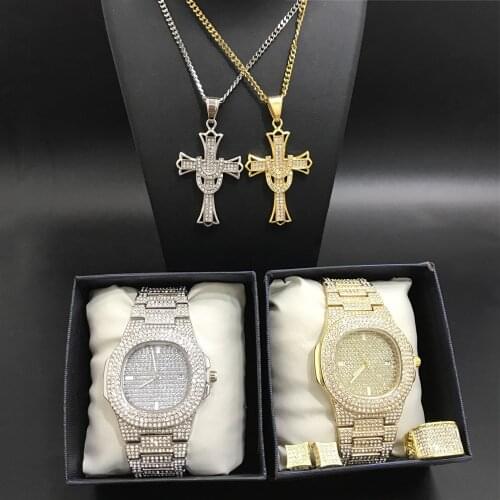 Luxury Men Gold Silver Color Watch Hip Hop Men Watch & Necklace &Ring & Earrings Combo Set Ice Out Cuban Jewerly Hip Hop For Men