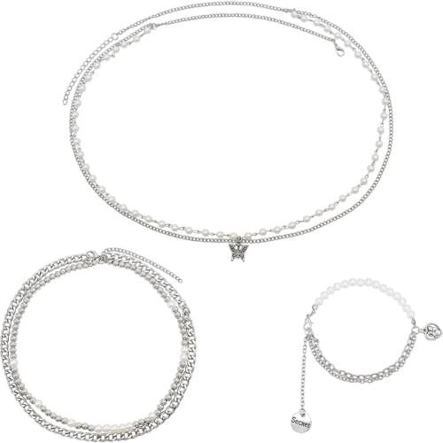 Silver Butterfly Heart Pendant Metal Chain Pearl Necklace Waist Chain Bracelet Set Ladies Summer Beach Party Sexy Jewelry Set