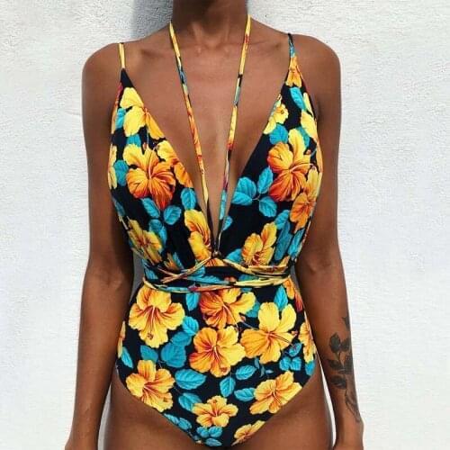 High Cut One Piece Swimsuit 2020 Floral Print Lace Up Bandage Backless Swimwear Deep-V Neck Bathing Suits Bodysuit Monokini