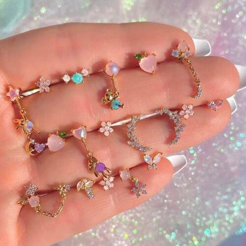 Y2k Jewelry Crystal Heart Peach Flower Bear Earrings for Women Copper Vintage INS Geometric Moon Earrings Charms 90s Aesthetic