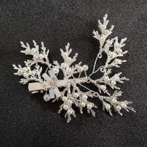 SLBRIDAL Wired Crystal Rhinestone Pearls Branch Wedding Hair Clip Barrette Bridal Headpiece Hair Accessories Women Hair Jewelry