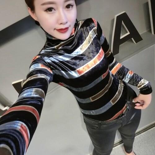 Streetwear stripes printed velvet women tops long sleeve turtleneck pullover bottoming shirt autumn winter slim female t-shirt