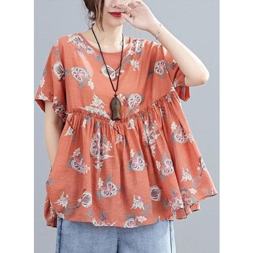 Oversized Women Cotton Linen Casual T-shirts New Arrival 2021 Summer Vintage Style Floral Print Loose Female Tops Tees S3692