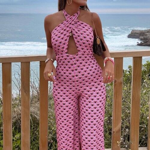 XEASY 2021 Summer Women Halter Print Jumpsuit Female Casual Vintage Streetwear Ladies Slim Backless Sleeveless Chic Jumpsuit