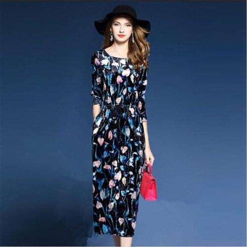 2020 High End Spring Autumn Womens Dress Vestidos Velvet Elegant Floral Print Vintage Casual Party Midi Drerss M-2XL