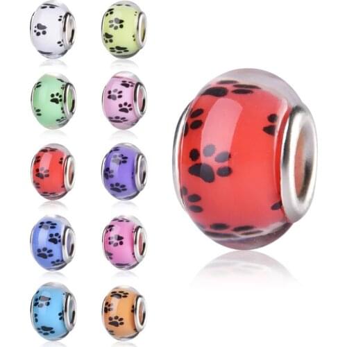 20Pcs Pet Dog Bead Puppy Paws Foot Print Color Resin Acrylic Muranos Rondelle Large Hole Spacer Beads Fit Pandora Charm Bracelet