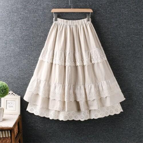 2021 spring summer elastic waist skirt Japan style sweet lace patched Cotton Linen cake skirt