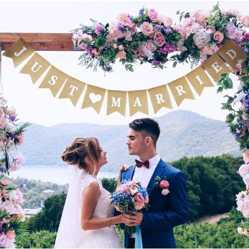 Just Marrieed burlap banner wedding hanging flag heart-shaped pattern romantic wedding decor bridal shower party engagement