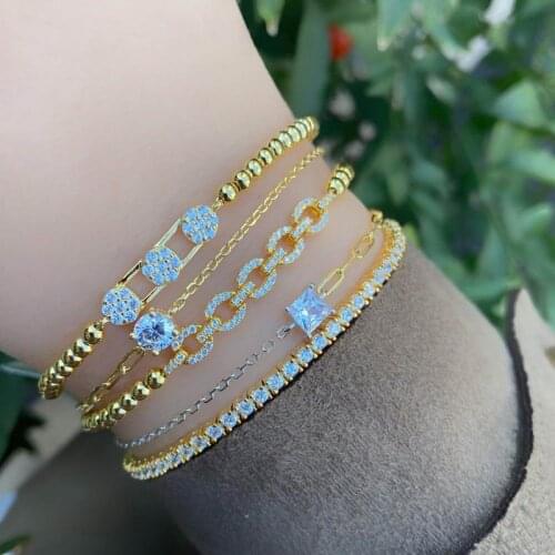 Two Tone Gold Silver Color Link Chain Bracelets For Women Jewelry 925 Sterling Silver Round Square Heart Drop Single CZ Bracelet